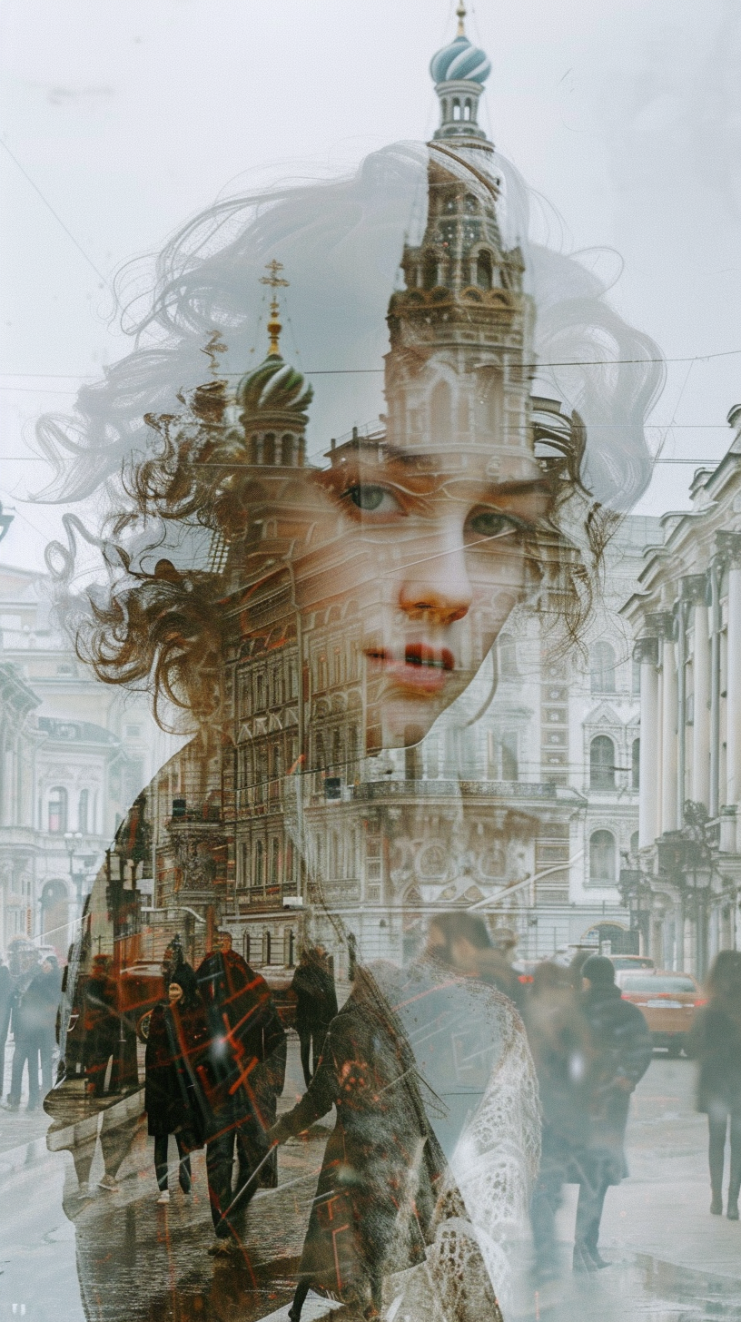 Double exposure crowded Saint Petersburg