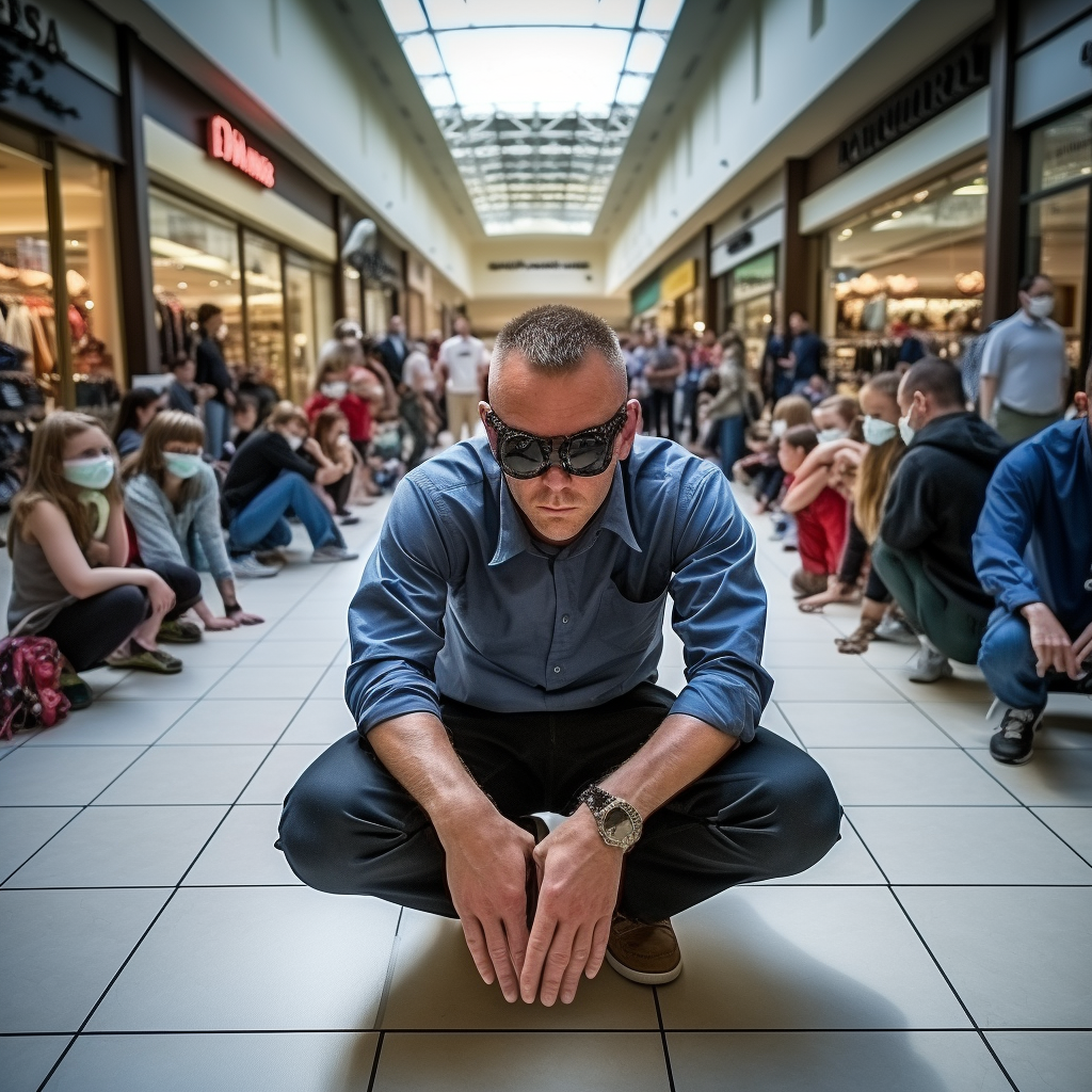 Man blindfolded and kneeling in shopping center