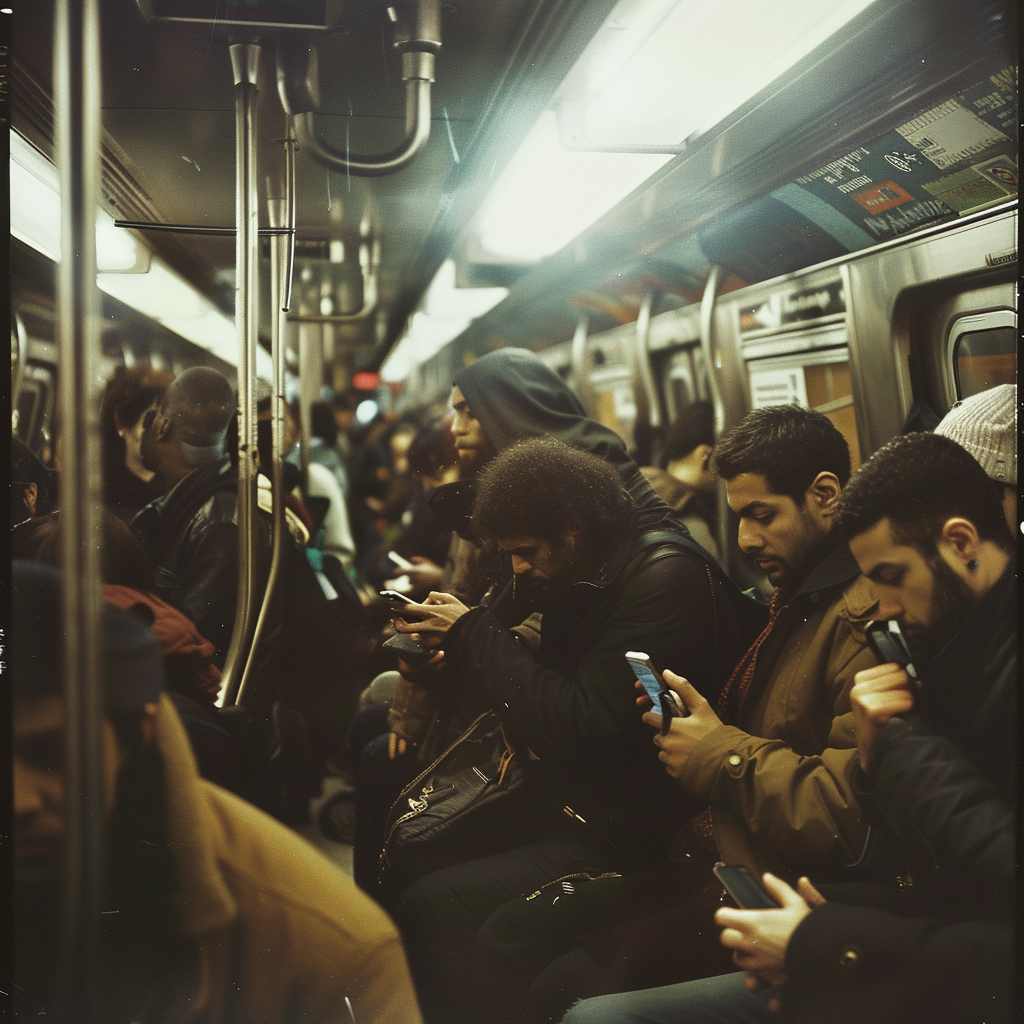 crowded subway with mobile phone users