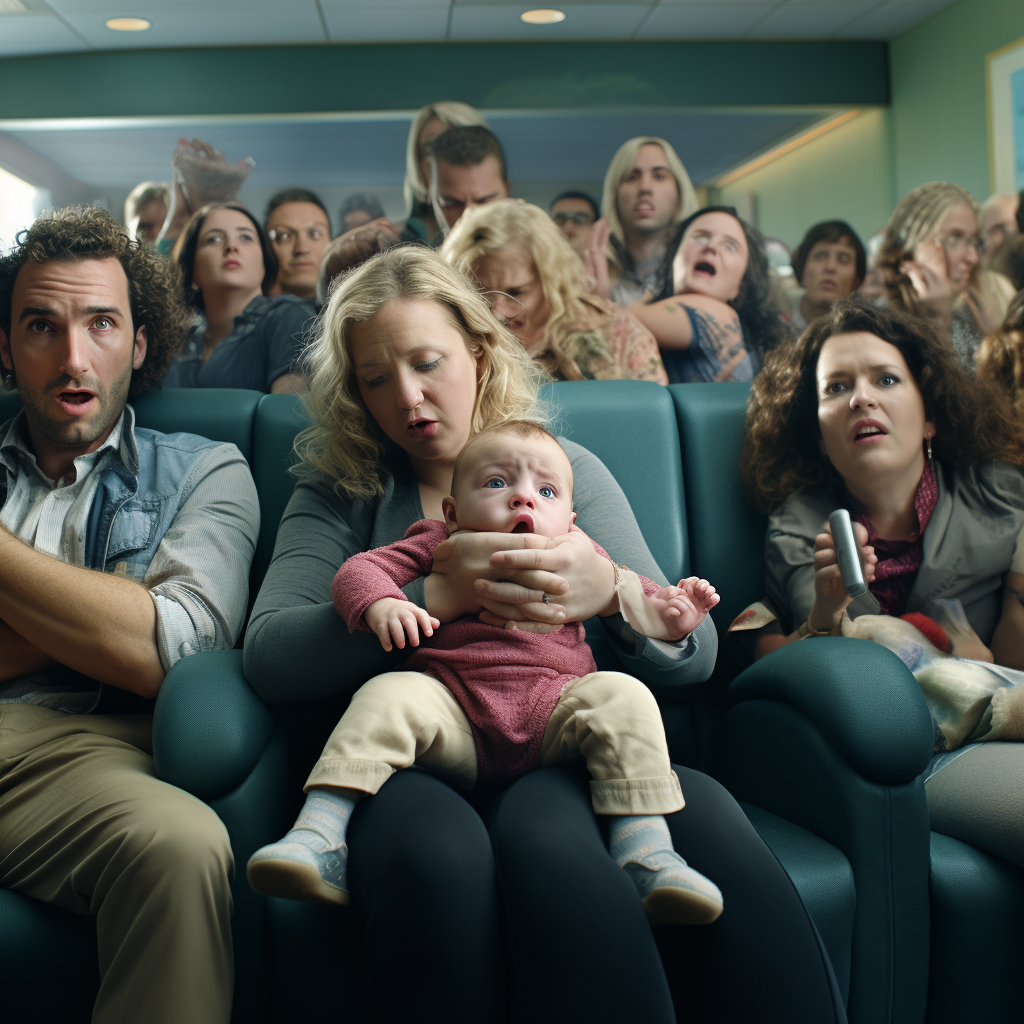 Parents and children in a crowded waiting room