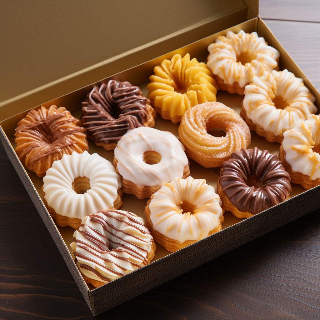 Delicious traditional crullers in a white clamshell box