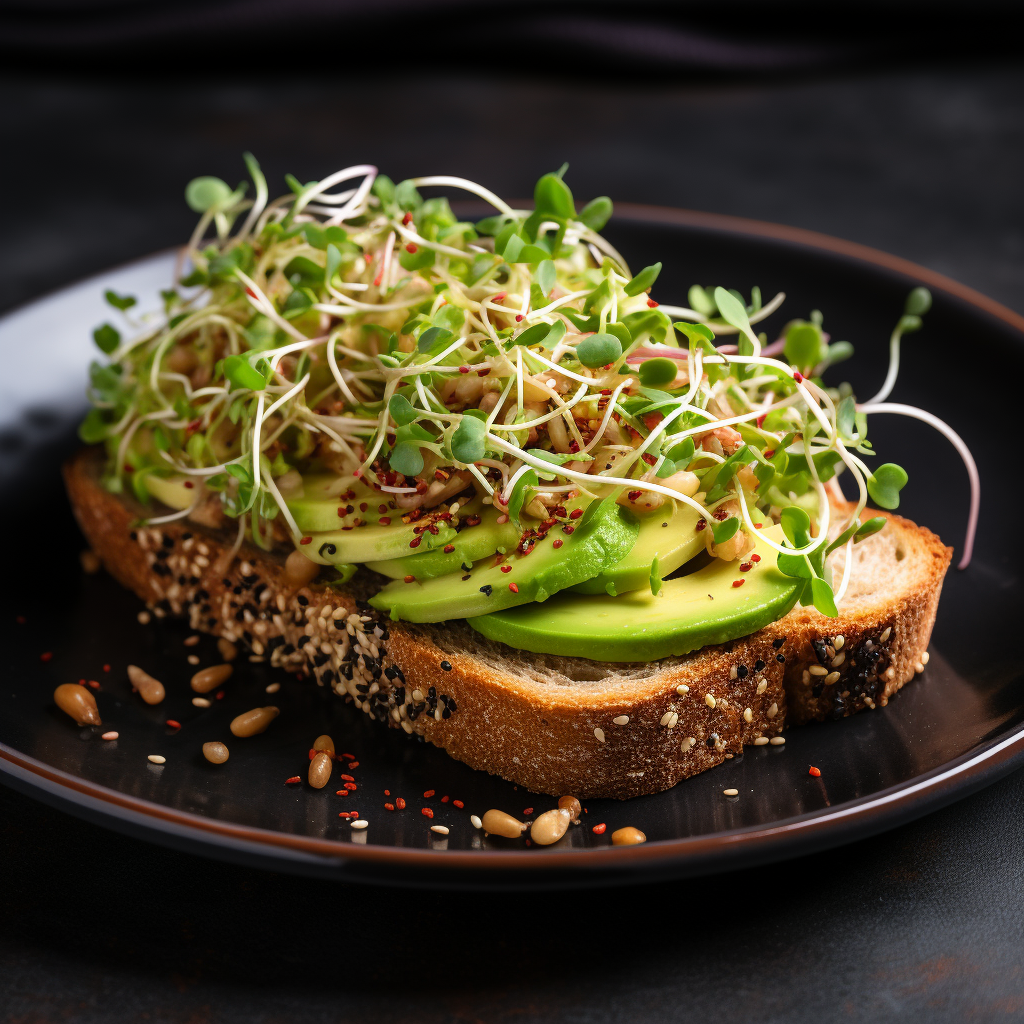 Tasty sandwich with sprouts and avocado on black plate