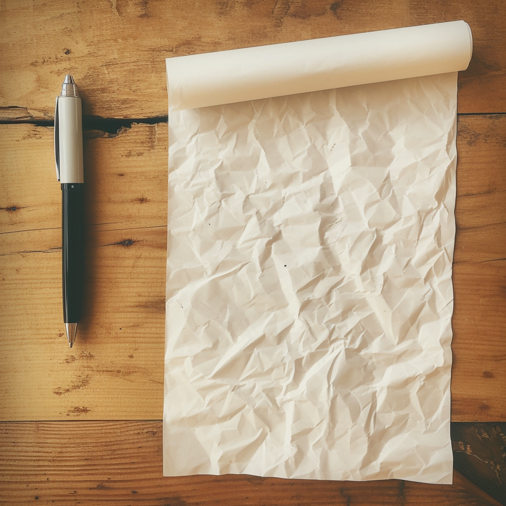 Crumpled sheet of paper, pen, wooden table