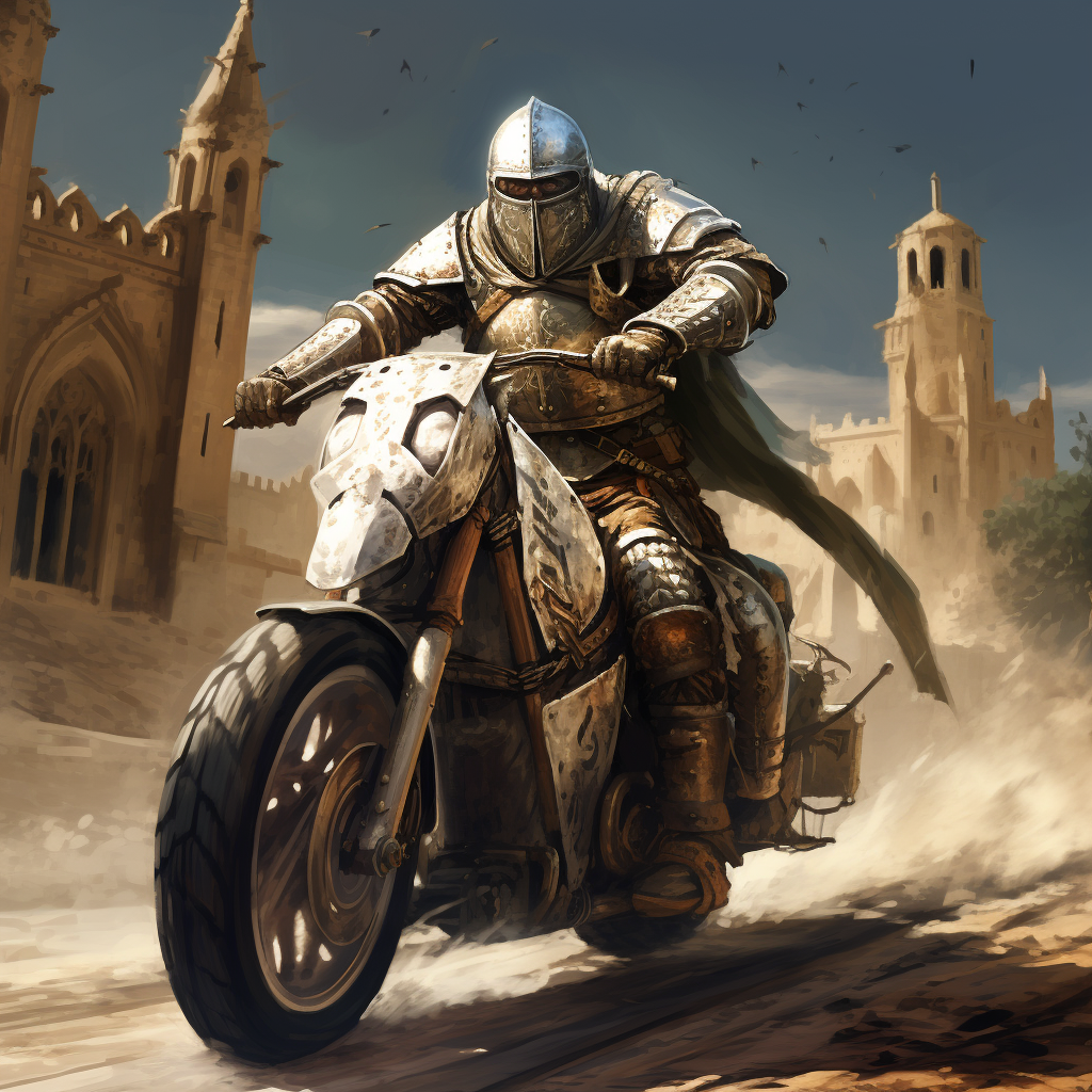 Crusader soldier on a motorcycle