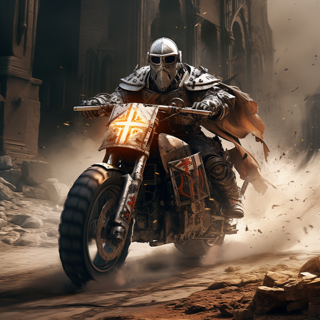 Crusader soldier on a motorcycle