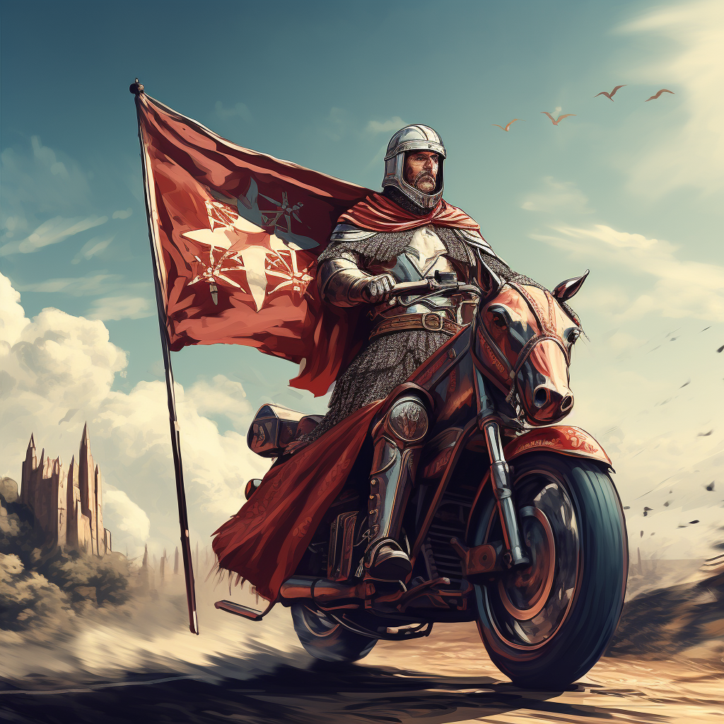 Crusader soldier on scooter with big flag