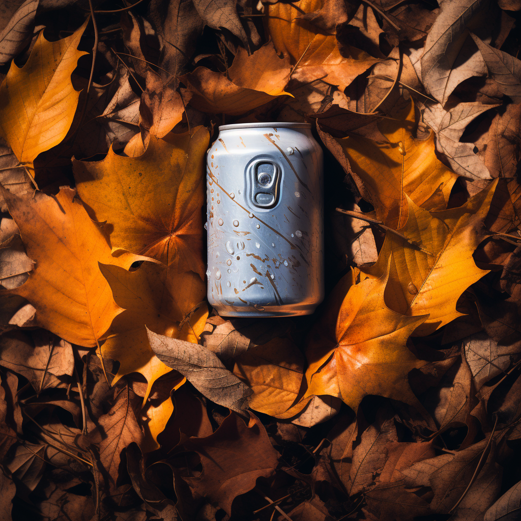 Crushed beer can covered in fall leaves