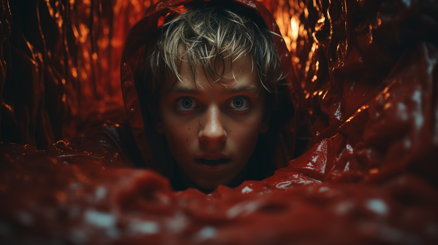 Little boy hiding under bed, covered in ketchup