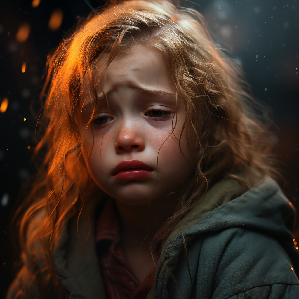 Crying child in surreal fantasy world