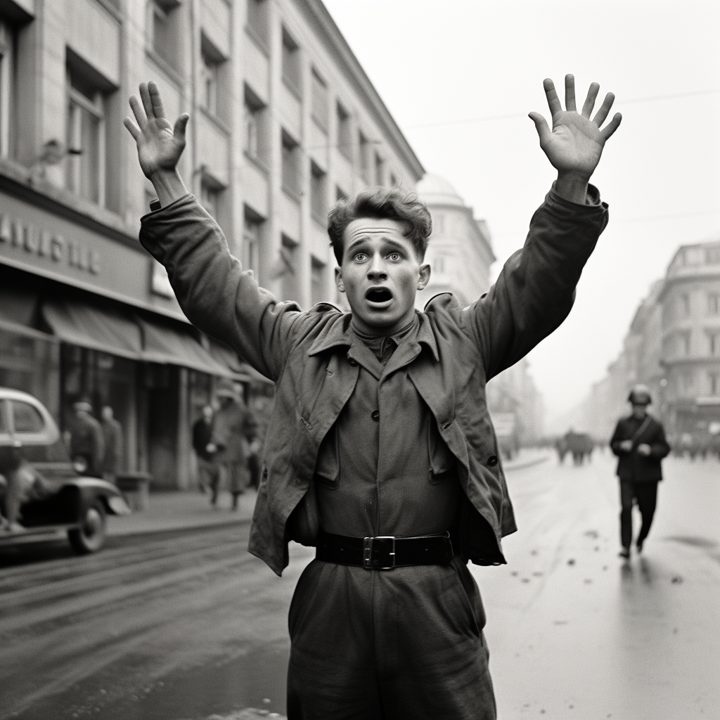 Man Crying with Raised Hands as Soldier Points Weapon