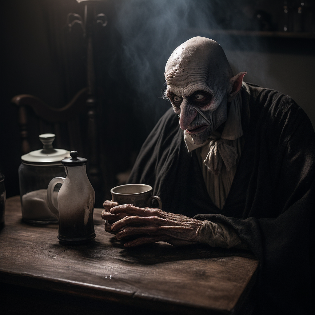 Sad Nosferatu at Table with Empty Coffee Pot