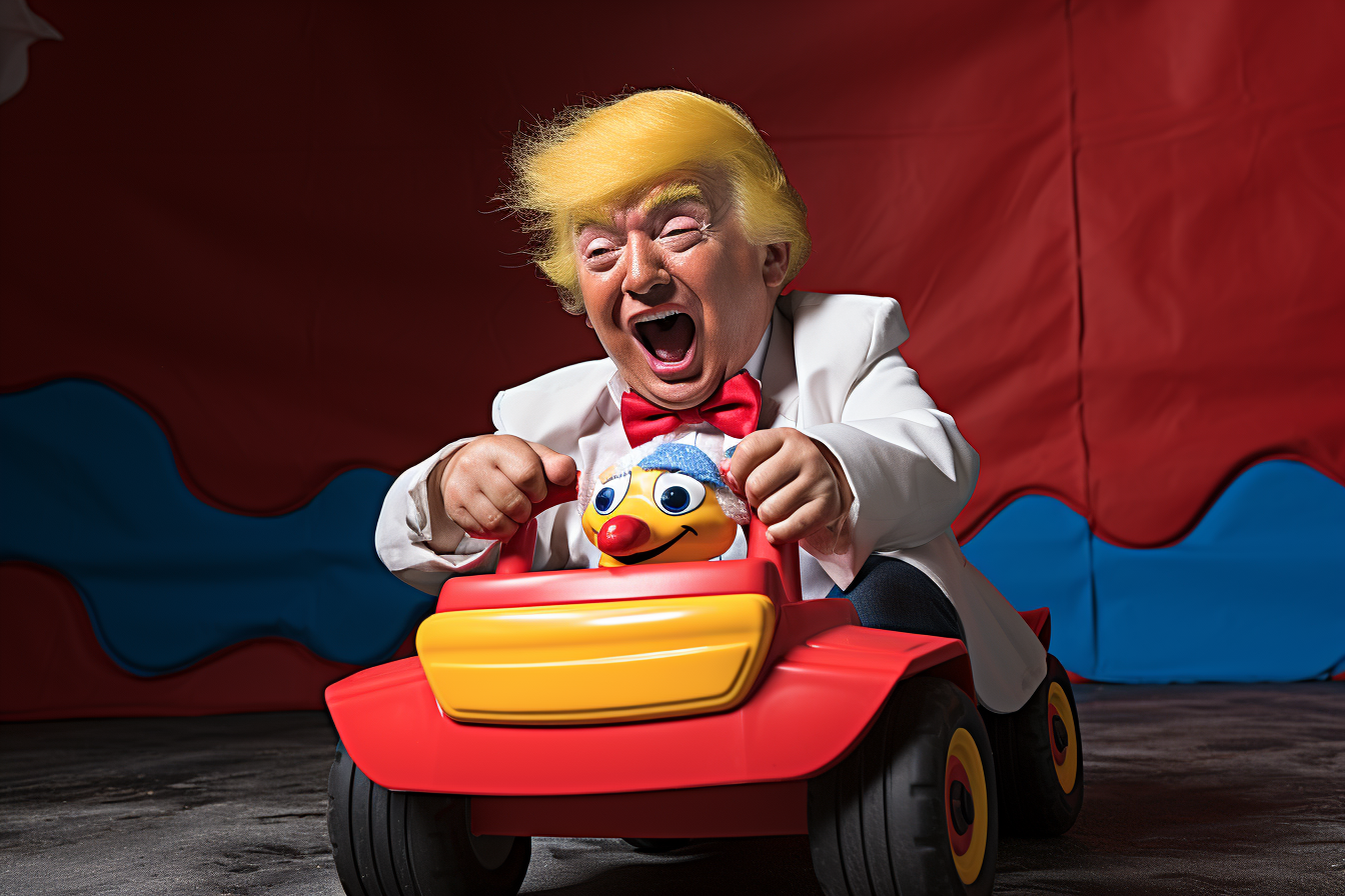 Trump driving clown car with tears