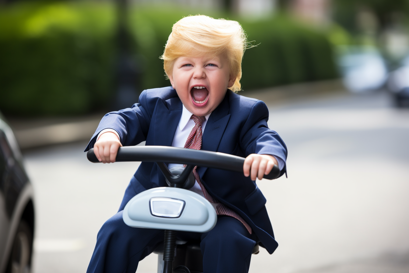 Crying Trump driving little tykes car