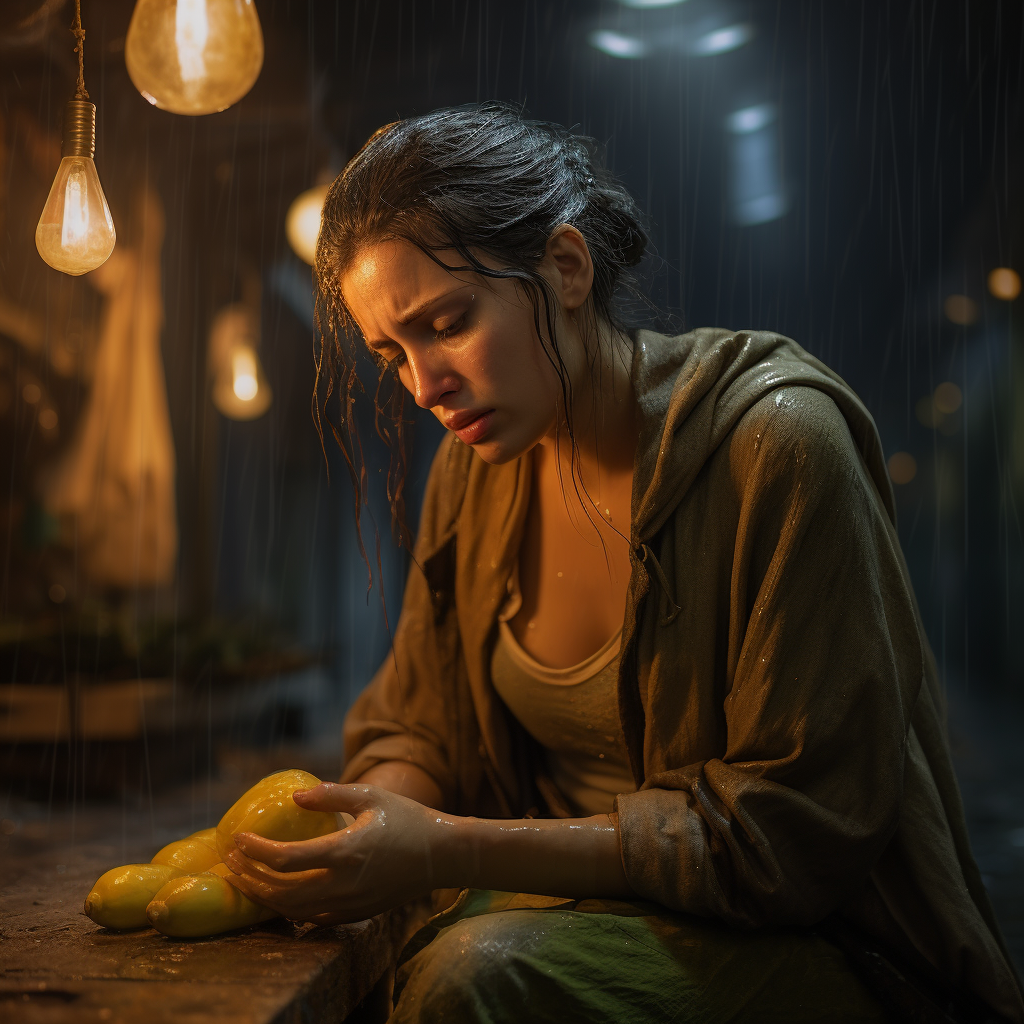 Photorealistic portrait of woman chopping onions in the rain