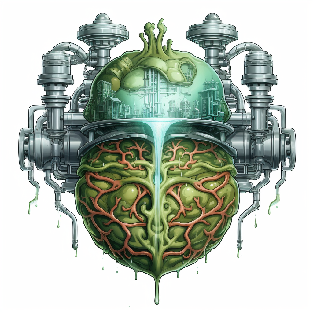 Steampunk Cartoon Cryogen with Green Water and Small Brain