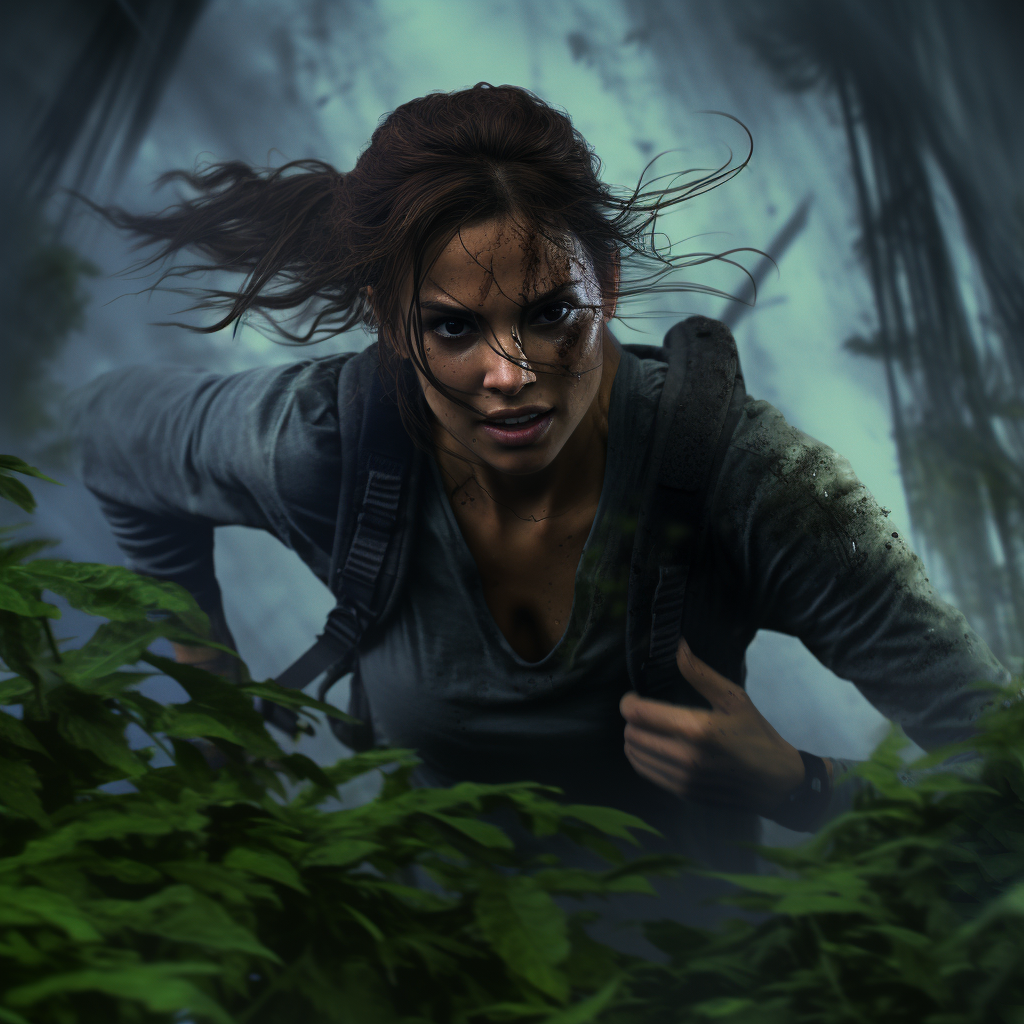 Fuzzy phone picture of Lara Croft running into the bushes