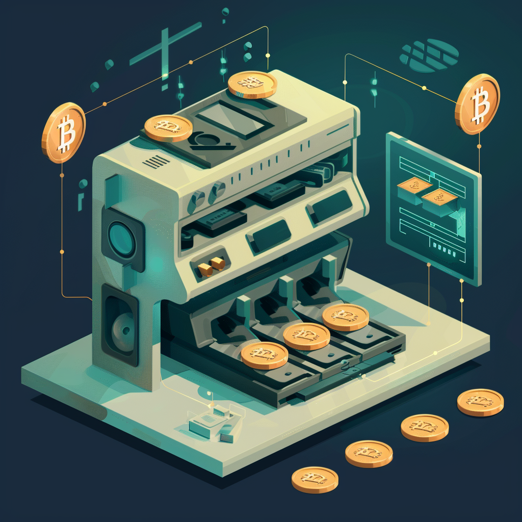 Isometric machine printing crypto coins