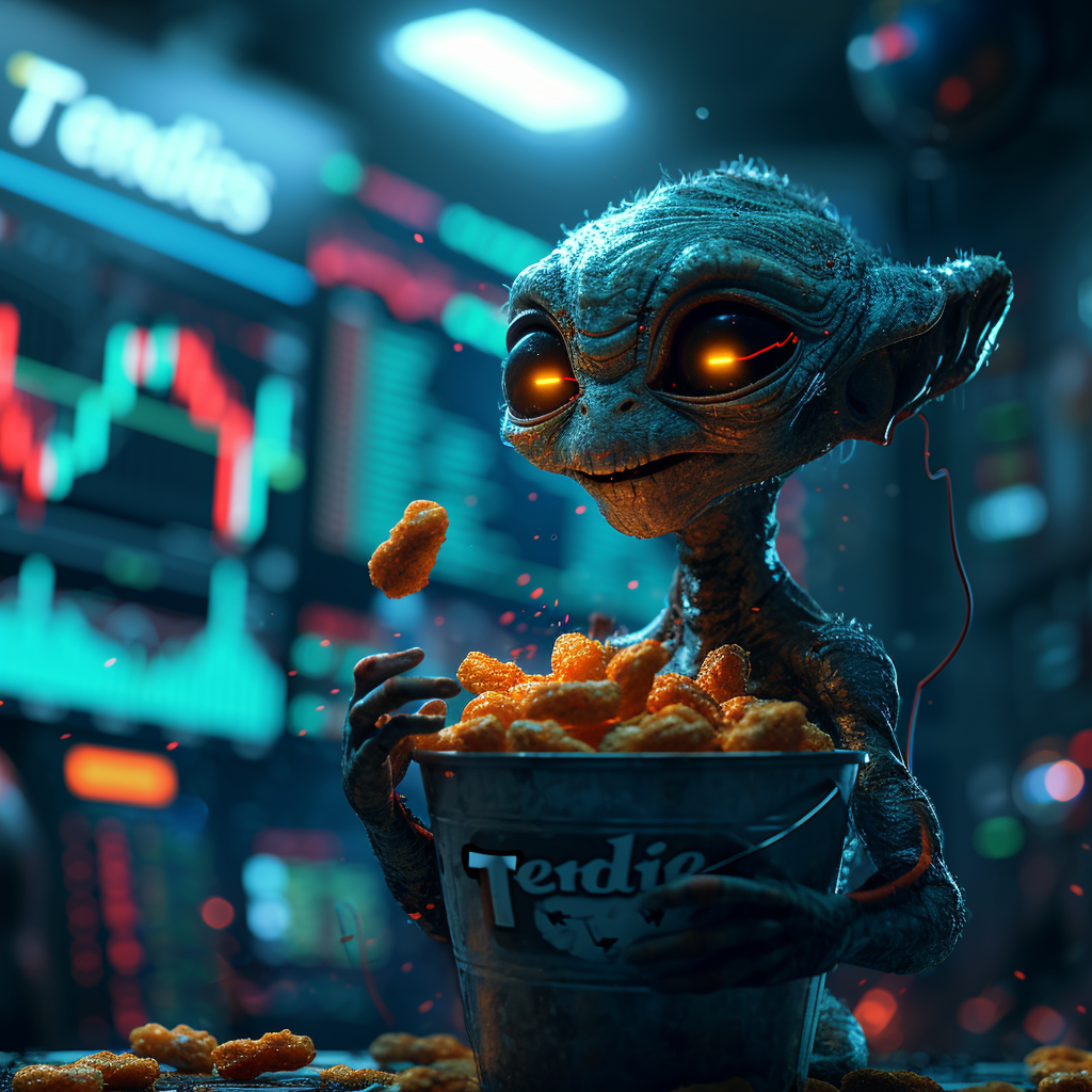 Crypto slime alien with bucket of glowing chicken tendies