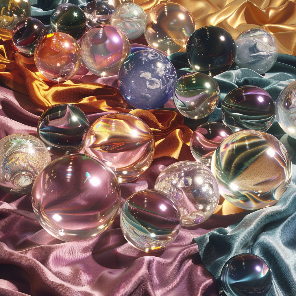 Crystal balls on colorful cloth