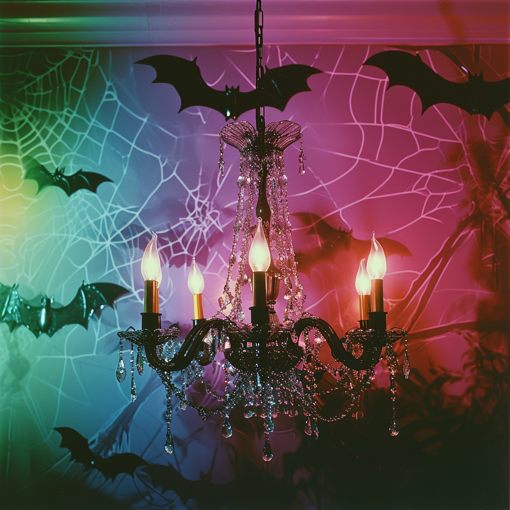 Colorful crystal bat chandelier with neon glow