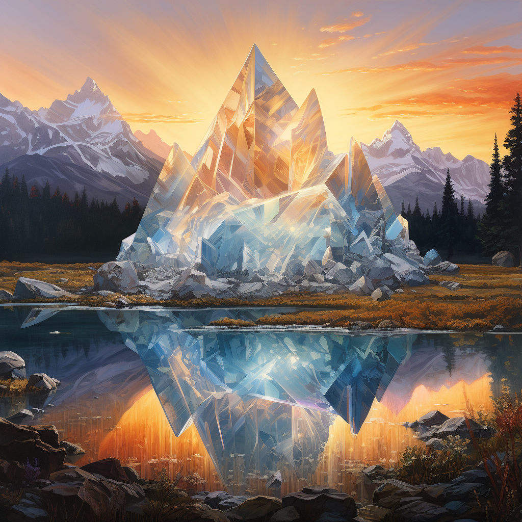 Stunning crystal castle surrounded by mountains, sunset, and trees