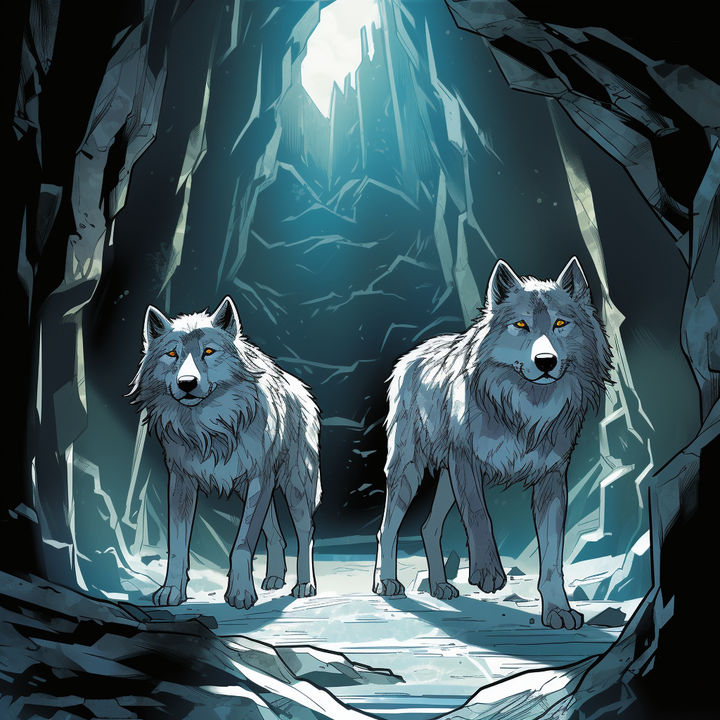 Three fairy tale wolves in a magical crystal cave