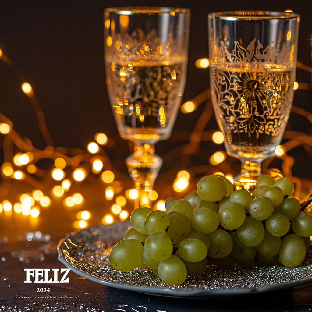 Crystal cup with green grapes and champagne glasses