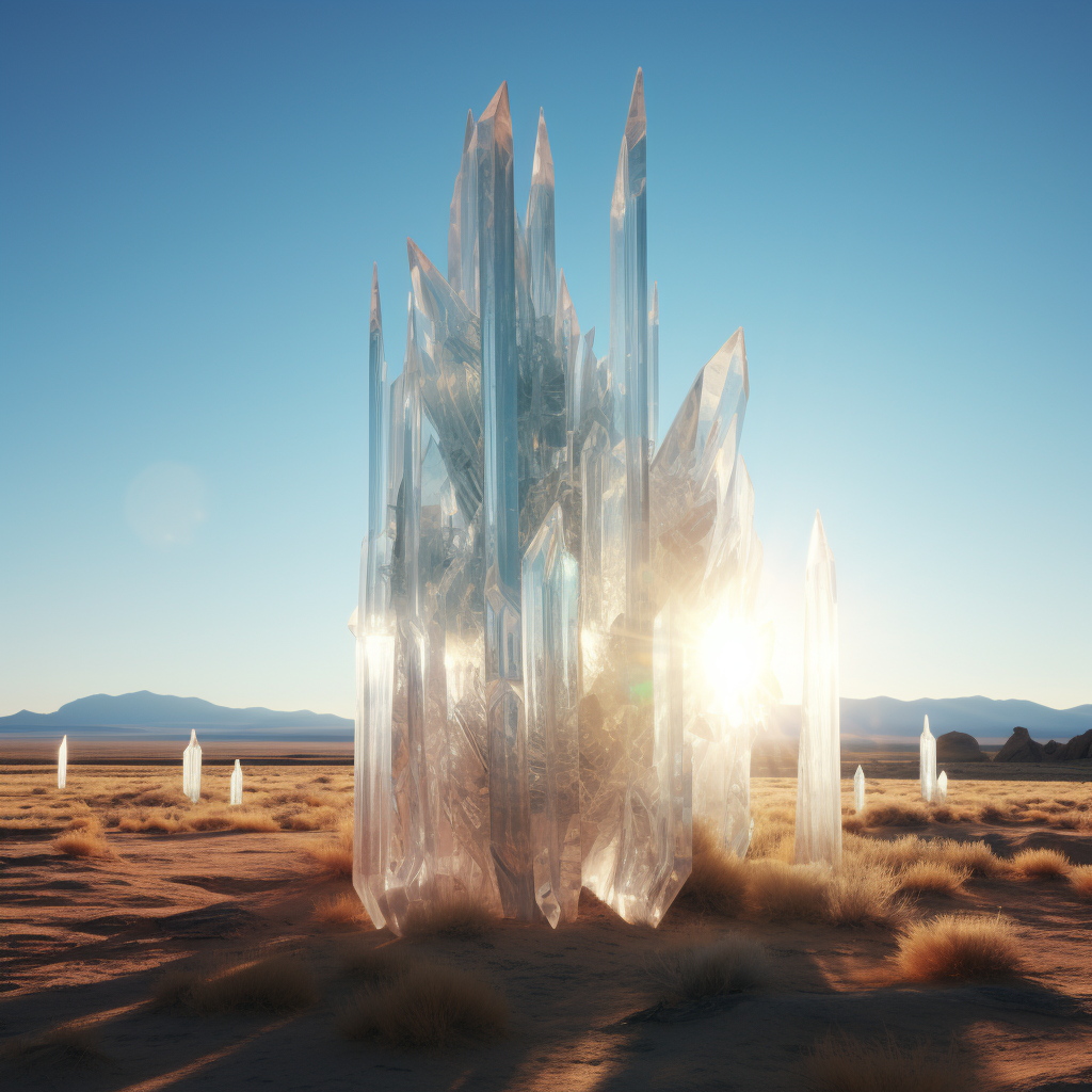 Glowing crystal glass spikes in barren desert