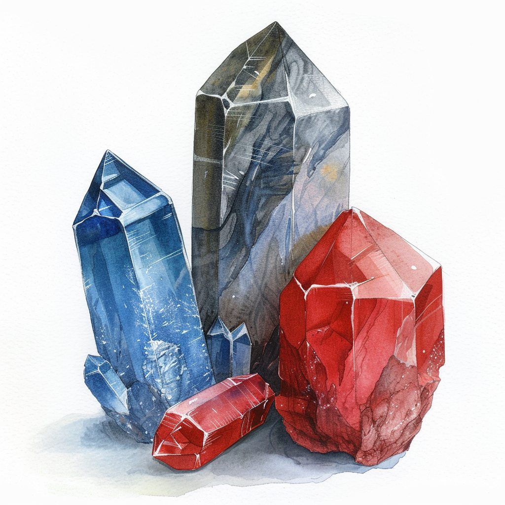 Three colorful crystals on white background