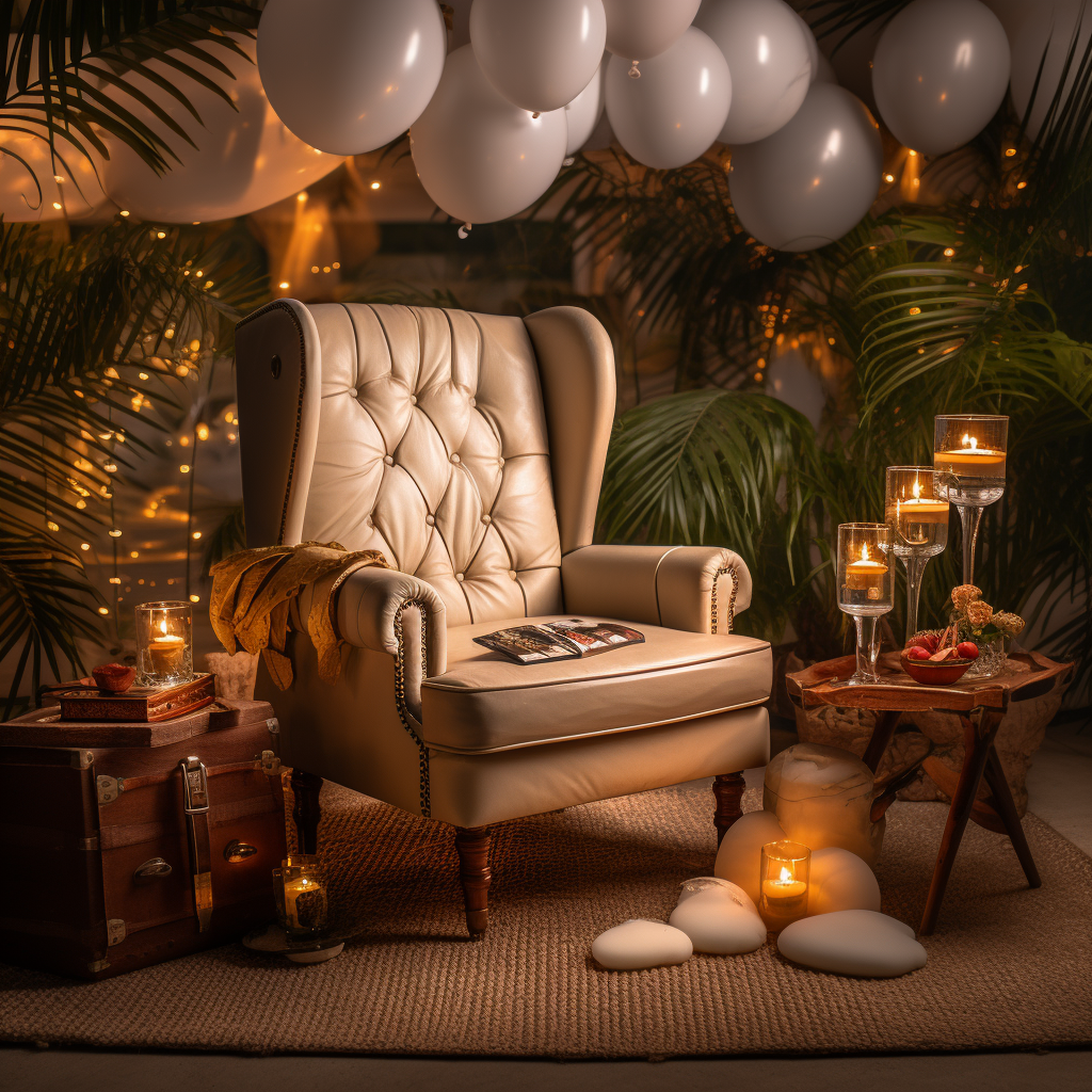 Cuban cigar vintage wingback chair with birthday cake