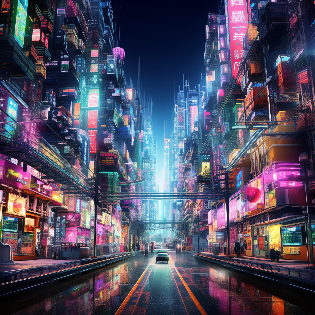 Futuristic cyber city in neon lights