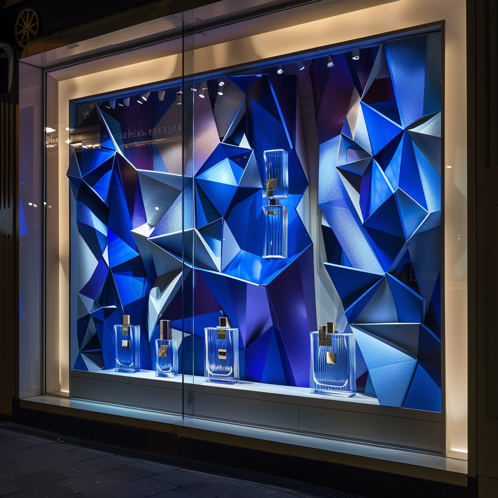 Blue perfume in cubism display