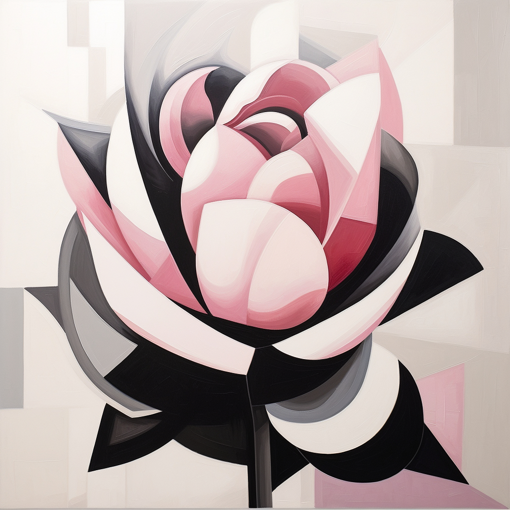 Cubist flower art on white background with pale pink accents