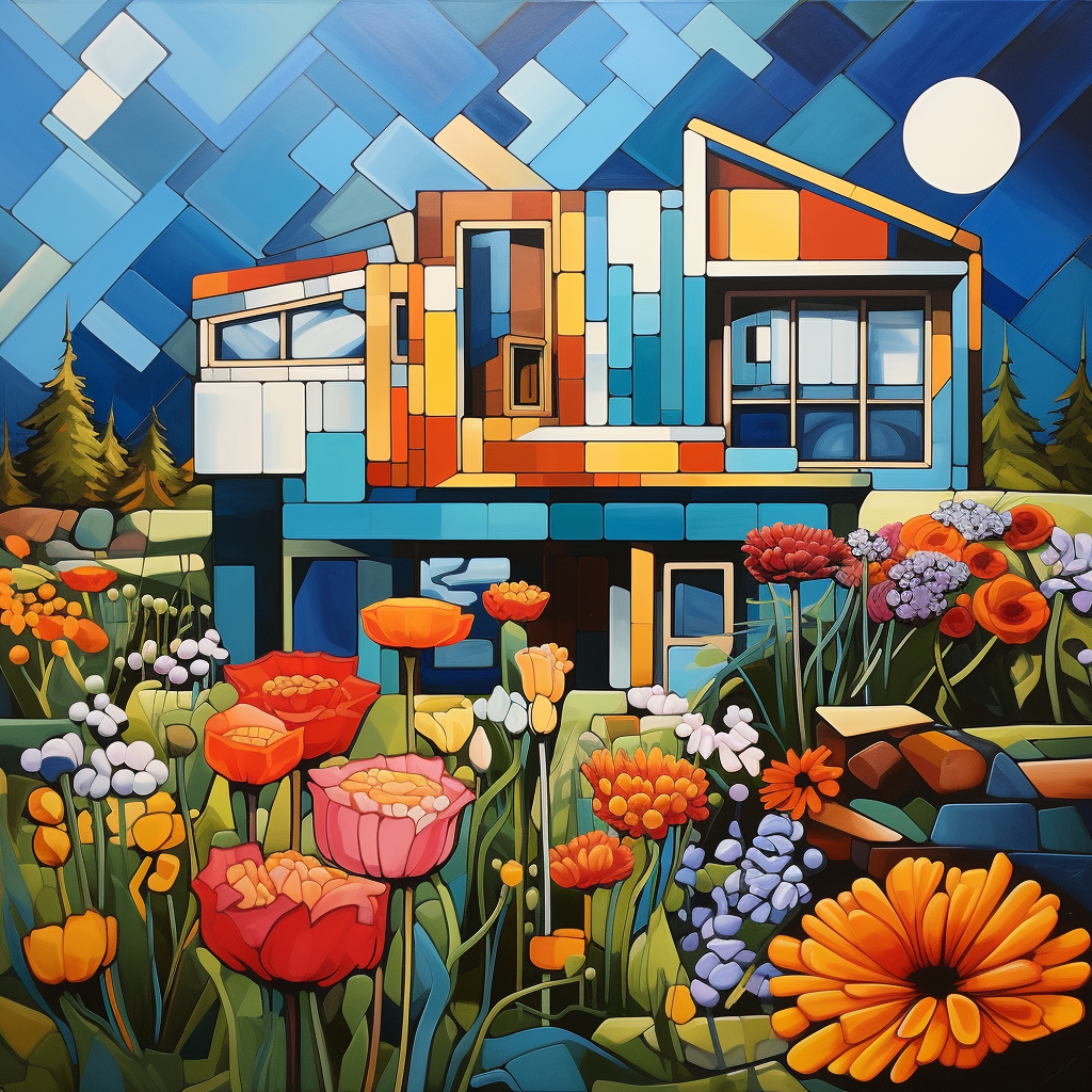 Cubist style house with flower garden