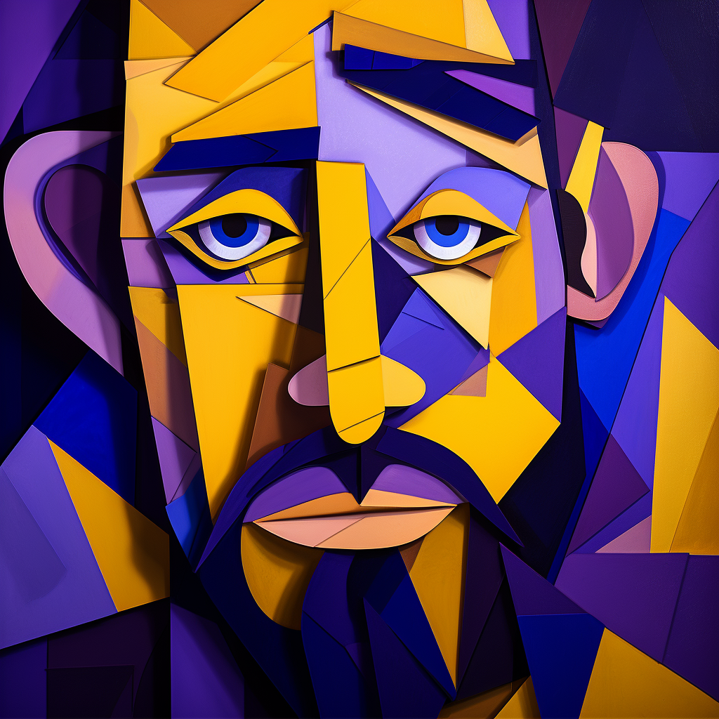 Vibrant cubist art with purple and yellow color scheme