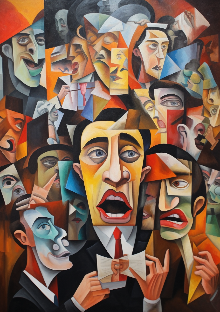 Cubist artwork of people communicating