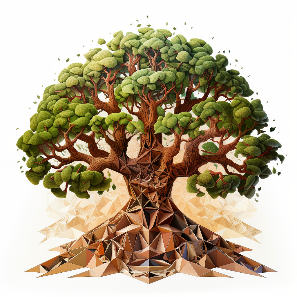 Cubistic illustration of big tree with root system