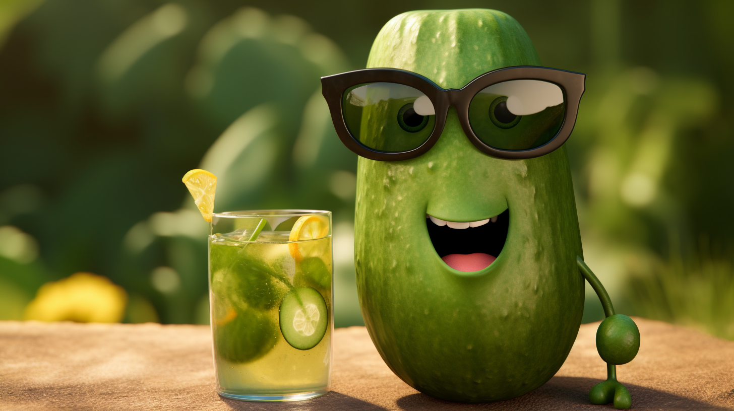 Cool cucumber with sunglasses enjoying a drink