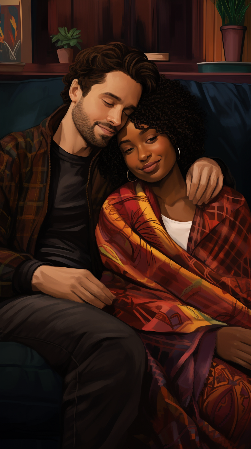 Couple cuddling on couch with blanket