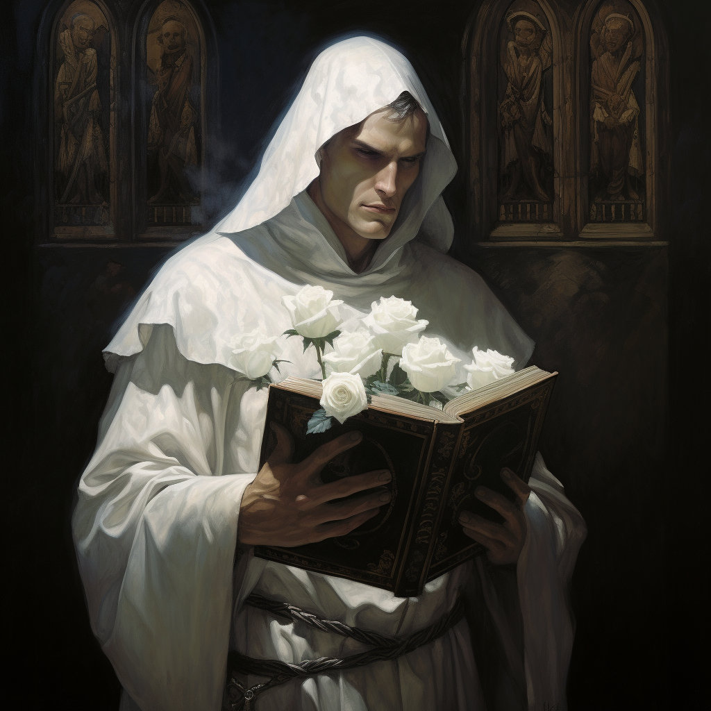 Religious cultists holding a white rose