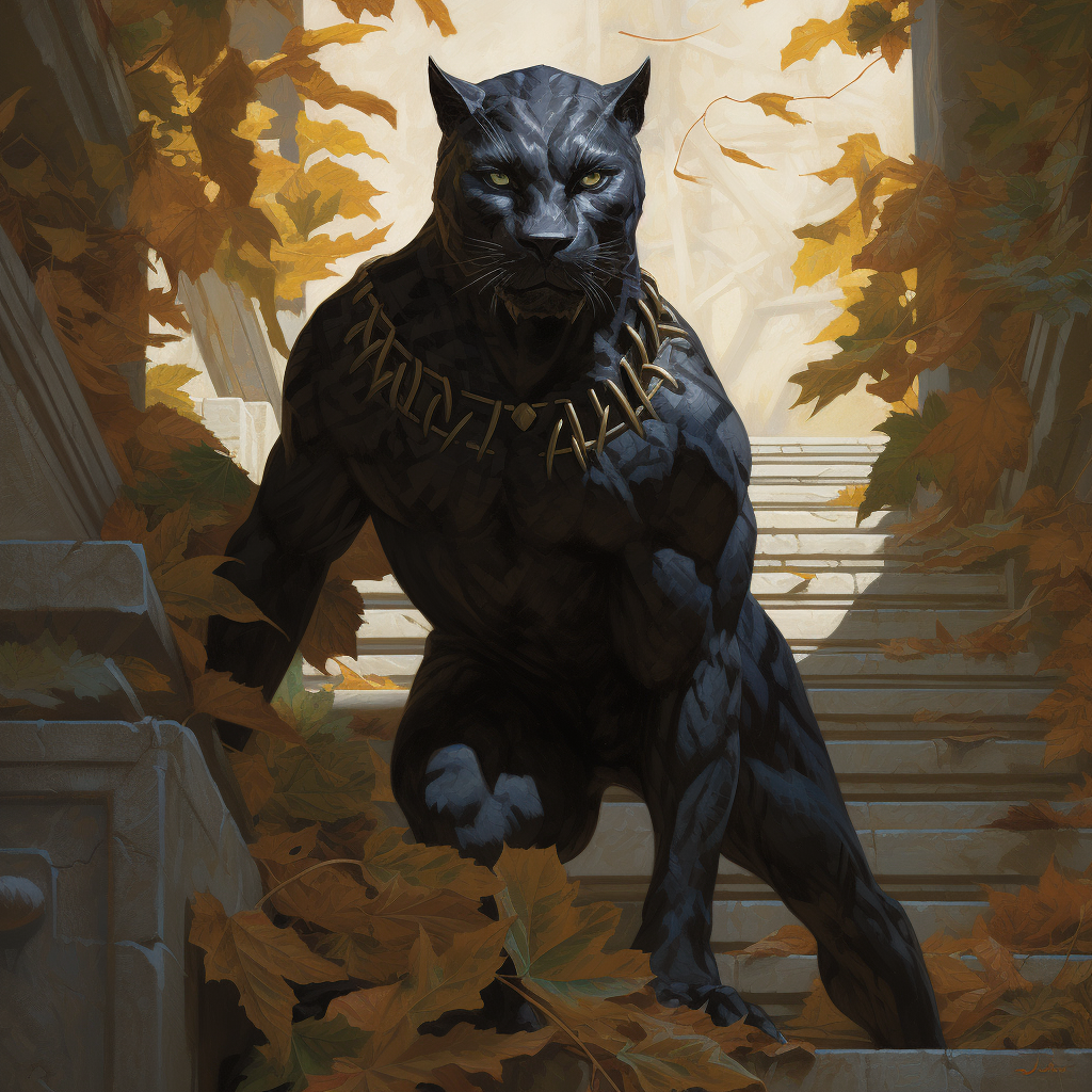 Black panther with a cunning smile on stairs