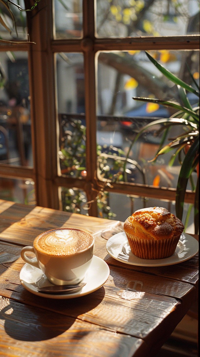 Cup of coffee with muffin on wooden table