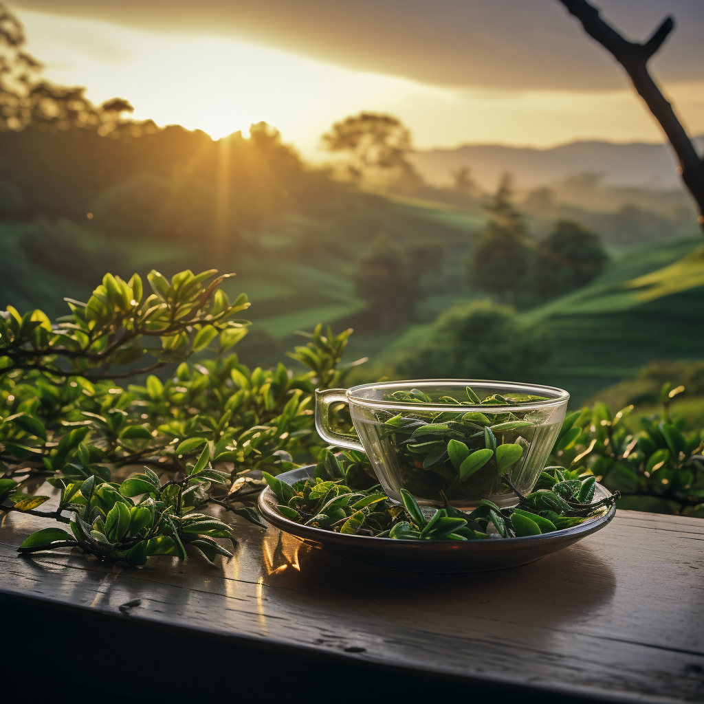 Cup of Green Tea with Javanese Nature View