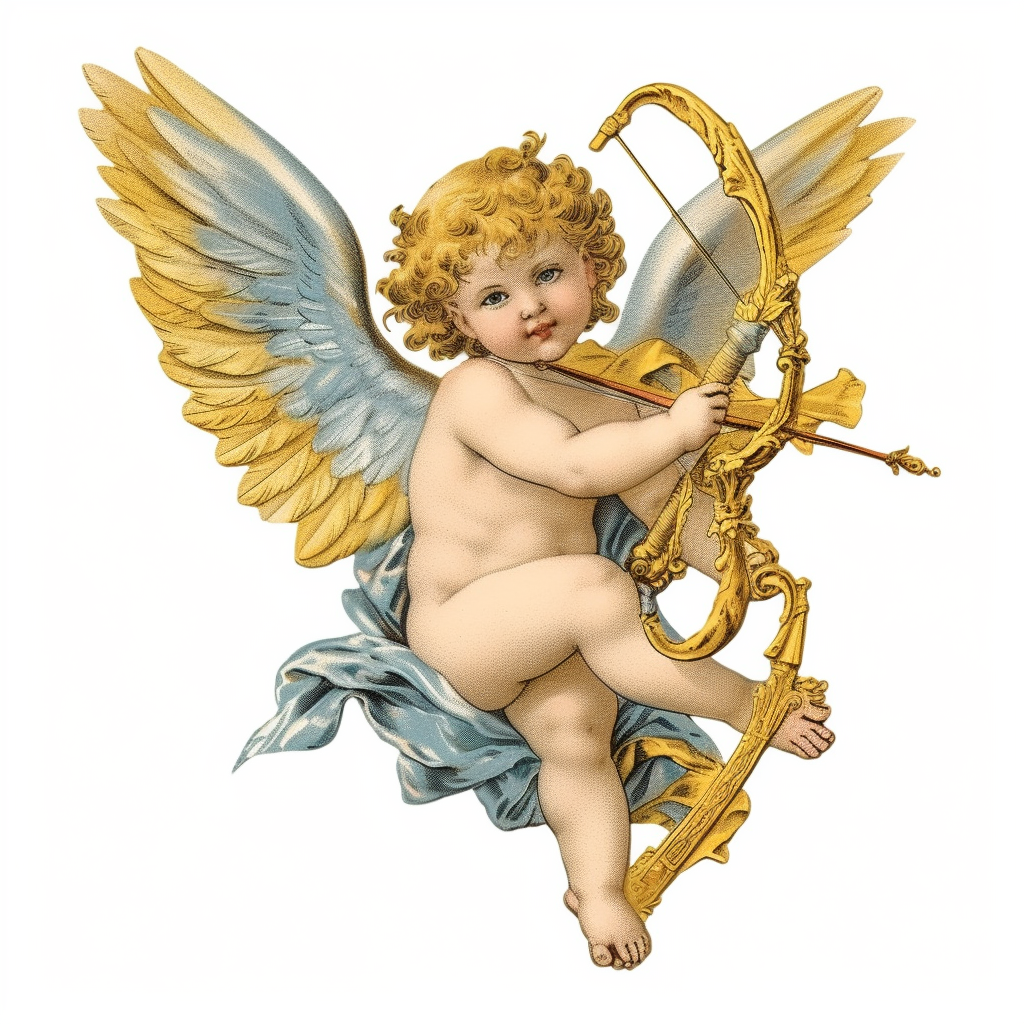 Vintage cupid angel with golden warhammer isolated