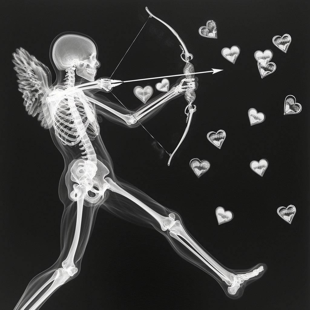 X-ray image of Cupid shooting arrow with highlighted bone structure and floating hearts