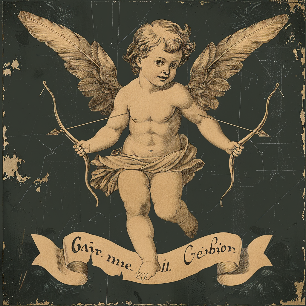 Cupid holding arrows and banner