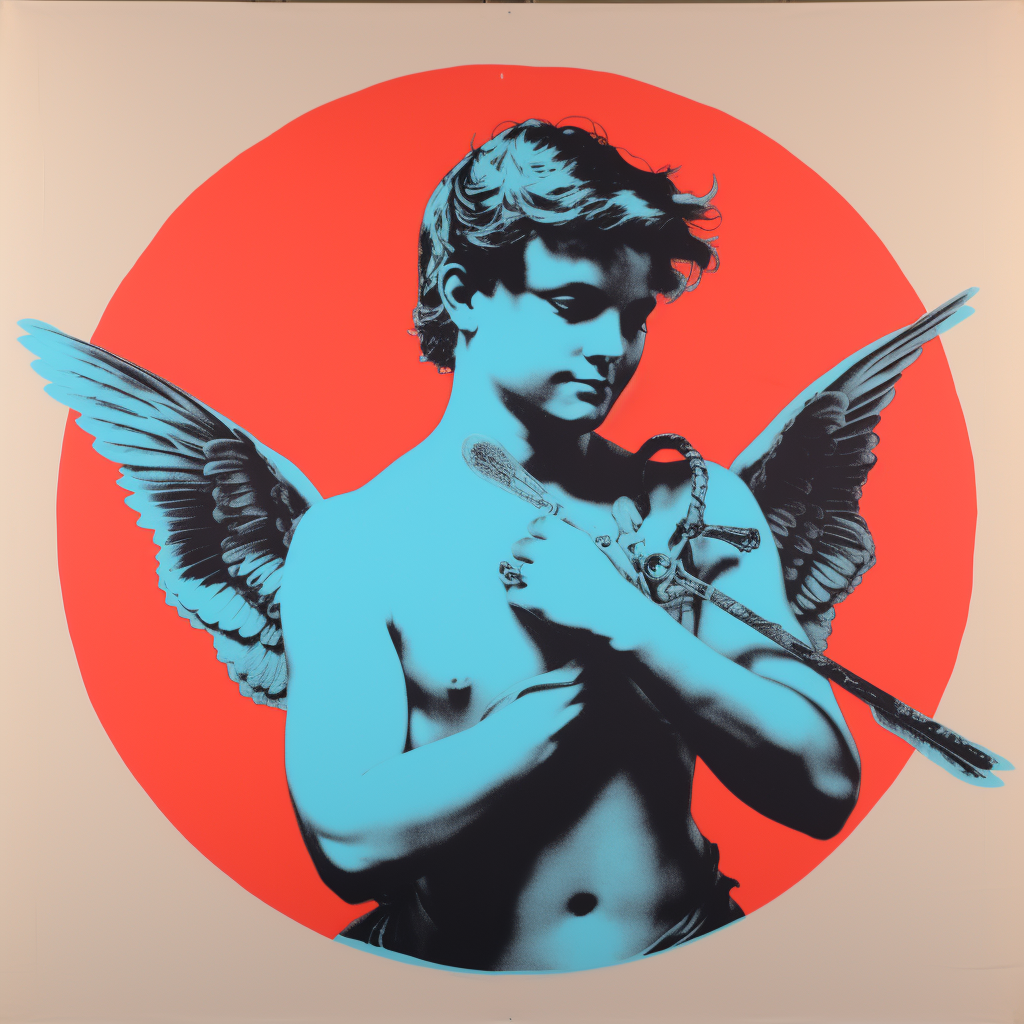 Colorful screen print of an adult male Cupid