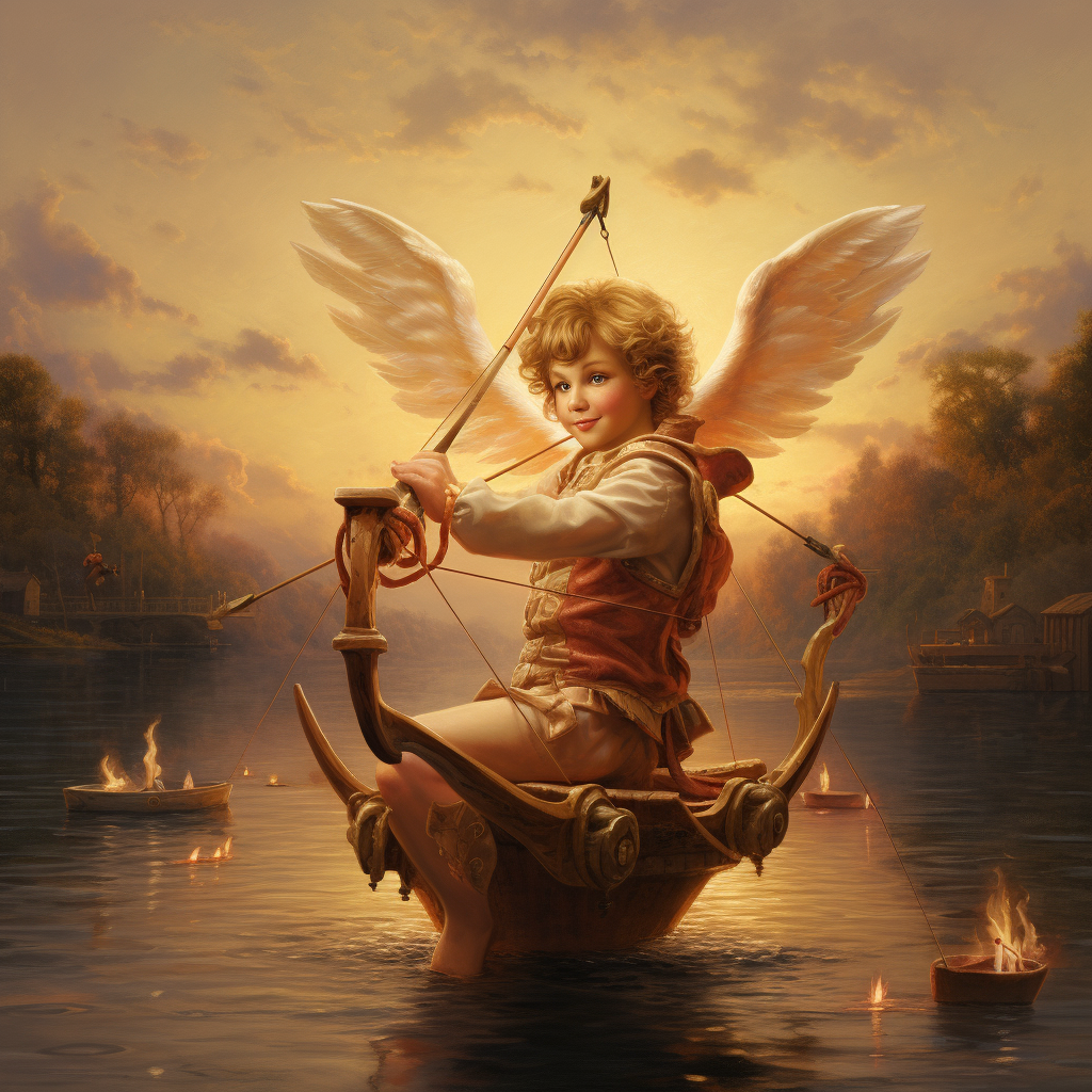 Realistic Cupid Fireman Shooting Love Arrow on Boat Lake