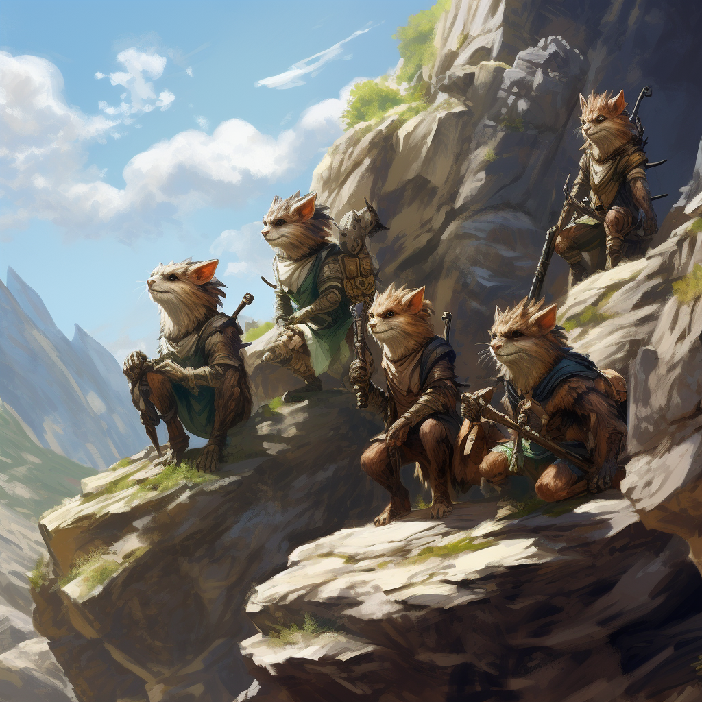 Group of friendly kobolds exploring rocky hillside