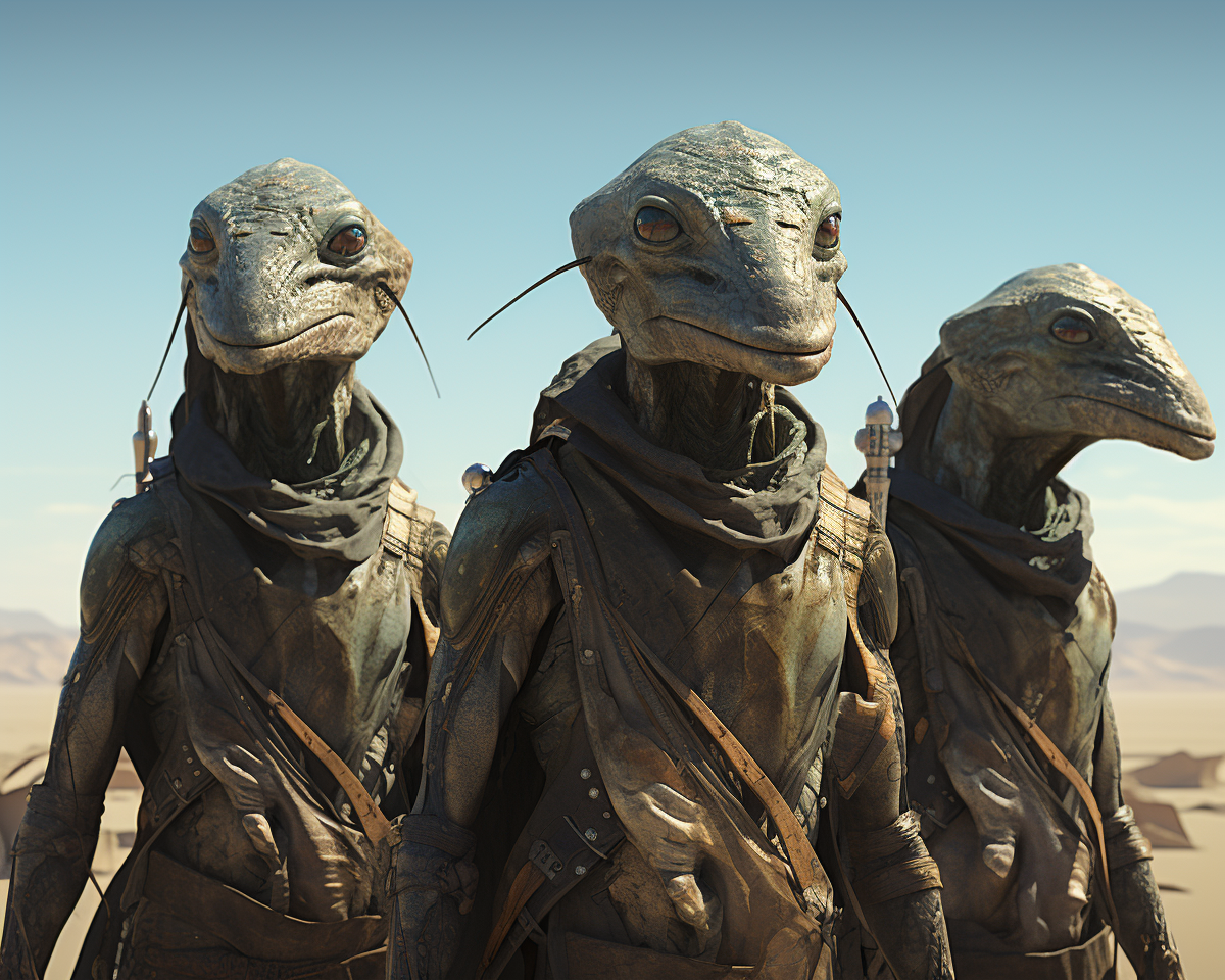 Three curious lizard alien nomads wandering towards a city